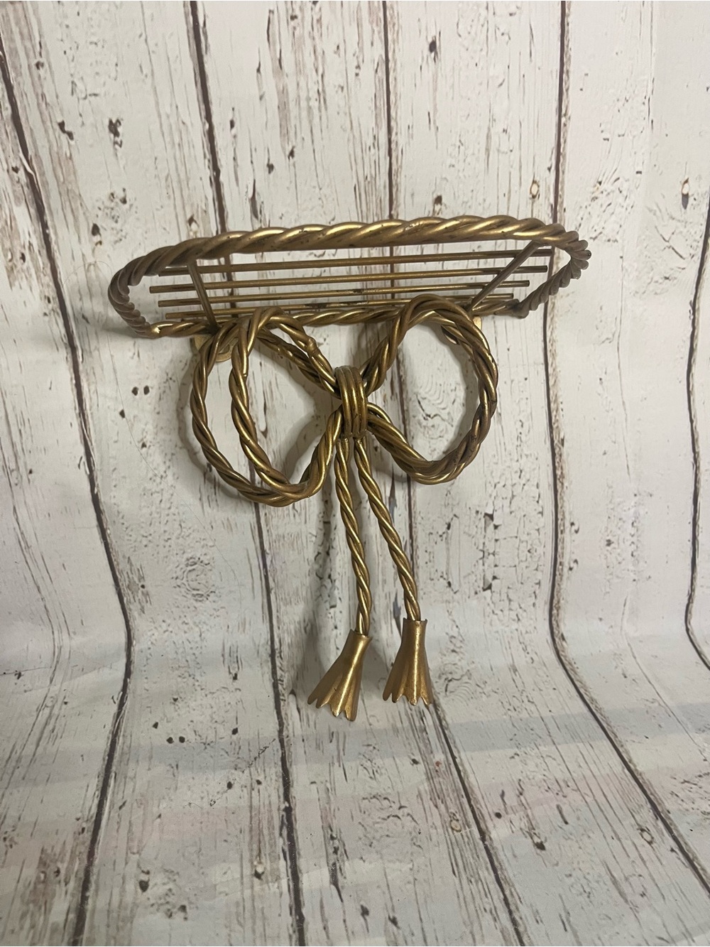 Vintage Italian Hollywood Regency Brass Wall Shelf With Tassel And Bow